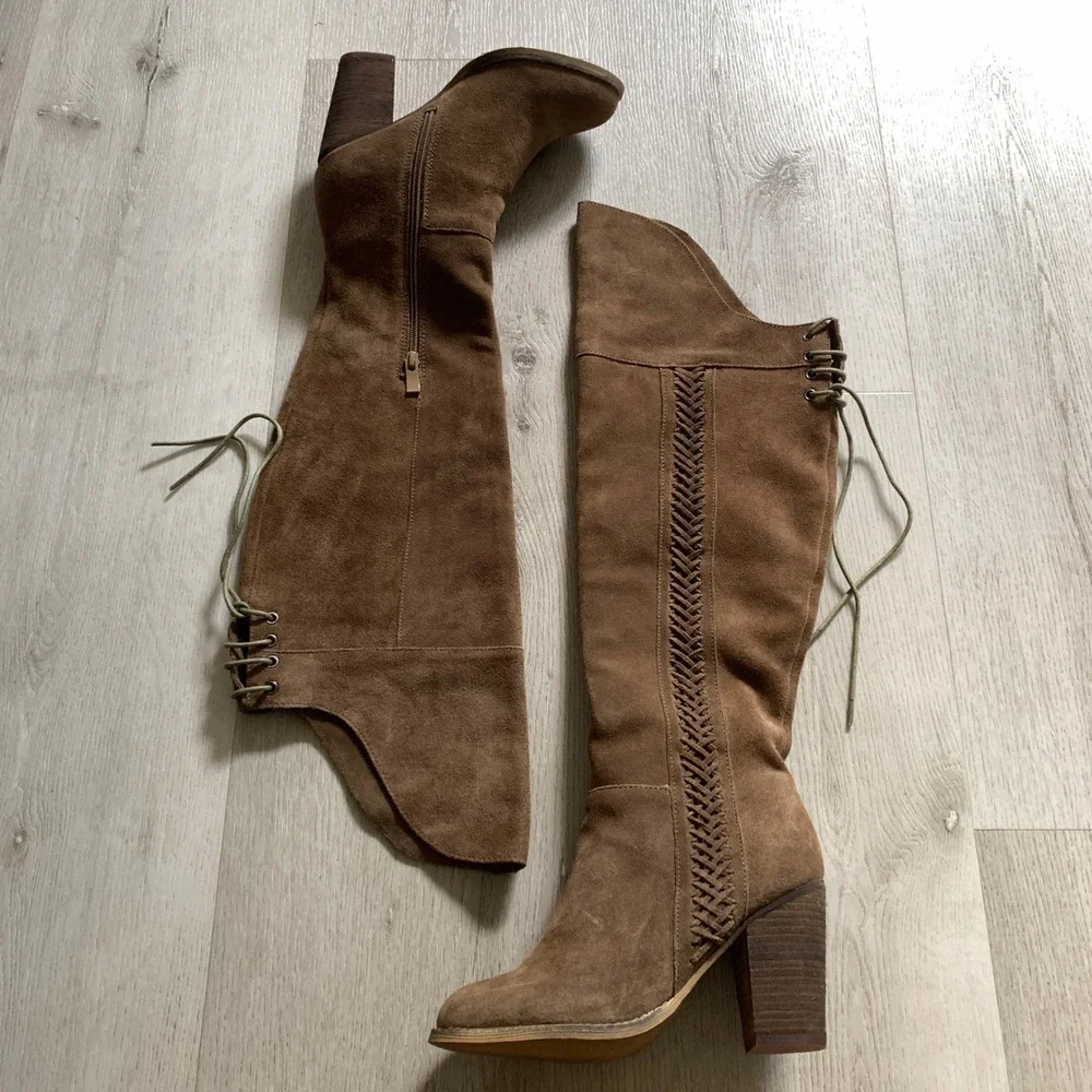 Sbicca Vintage Collection Tan Suede Over The Knee Braided Lace Up Boots Womens 7